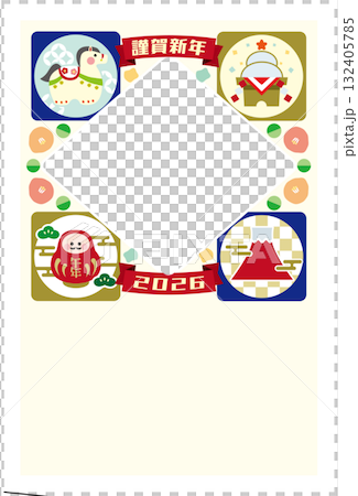 4つの窓に張り子の馬・鏡餅・達磨・富士山を描いたフォトフレーム年賀状イラスト（干支・和風・縁起物デザ 132405785