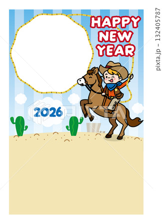 カウボーイの少年と縄のフォトフレーム年賀状イラスト(干支・西部風・明るい新年デザイン) カウボーイの少年と縄のフォトフレーム年賀状イラスト(干支・西部風・明るい新年デザイン) 132405787