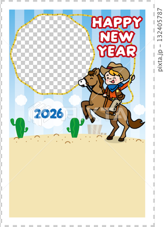 カウボーイの少年と縄のフォトフレーム年賀状イラスト(干支・西部風・明るい新年デザイン) カウボーイの少年と縄のフォトフレーム年賀状イラスト(干支・西部風・明るい新年デザイン) 132405787