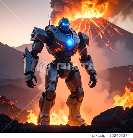 噴火する火山を背景にした巨大メカのシルエット 噴火する火山を背景にした巨大メカのシルエット 132405874