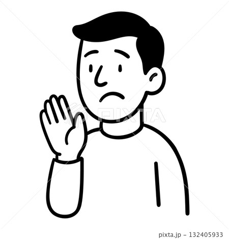 Doodle boy character raising hand in refusal Doodle boy character raising hand in refusal 132405933