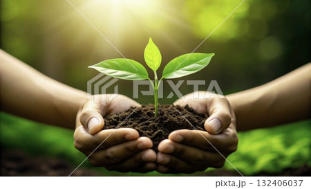 Hands nurturing a young plant in soil surrounded by greenery under soft sunlight 132406037