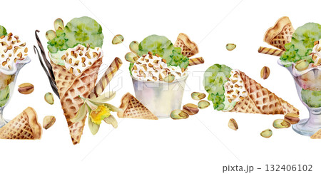 Gelato scoops mixed serves in paper cup, glass bowl or waffle cone. Nuts topping, vanilla flower pods. Isolated seamless banner border hand drawn in watercolor. Picnic decor, frozen product sheet. 132406102