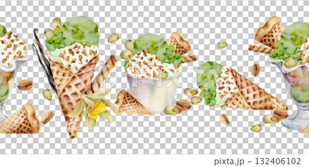 Gelato scoops mixed serves in paper cup, glass bowl or waffle cone. Nuts topping, vanilla flower pods. Isolated seamless banner border hand drawn in watercolor. Picnic decor, frozen product sheet. 132406102