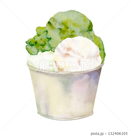Pistachio mint gelato scoops in disposable plastic or paper cup with nutty green hue. Isolated illustration hand drawn in watercolor. Organic label, cafe branding, recipe art, frozen product tag. Pistachio mint gelato scoops in disposable plastic or paper cup with nutty green hue. Isolated illustration hand drawn in watercolor. Organic label, cafe branding, recipe art, frozen product tag. 132406105