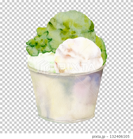 Pistachio mint gelato scoops in disposable plastic or paper cup with nutty green hue. Isolated illustration hand drawn in watercolor. Organic label, cafe branding, recipe art, frozen product tag. Pistachio mint gelato scoops in disposable plastic or paper cup with nutty green hue. Isolated illustration hand drawn in watercolor. Organic label, cafe branding, recipe art, frozen product tag. 132406105