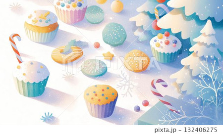 雪の森に広がるカップケーキとクッキーの夢 雪の森に広がるカップケーキとクッキーの夢 132406275