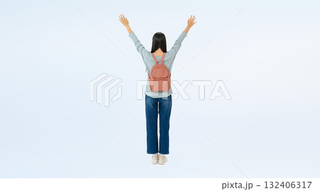 バンザイする女子学生の後ろ姿の全身写真 バンザイする女子学生の後ろ姿の全身写真 132406317