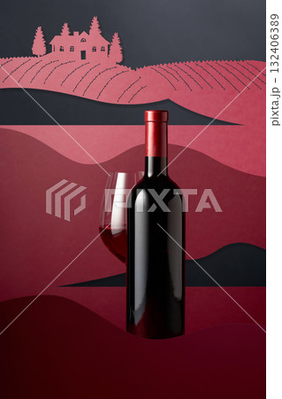 Bottle and glass of red wine on a red background. 132406389