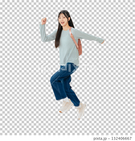跳躍的女學生 - 全身照片 PNG，透明背景，手工精確裁剪 132406667