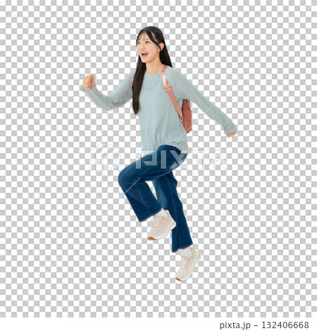 跳躍的女學生 - 全身照片 PNG，透明背景，手工精確裁剪 132406668