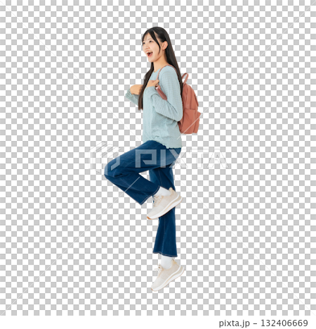 Jumping female student - Full-body photo PNG with transparent background, precisely cut out by hand 132406669