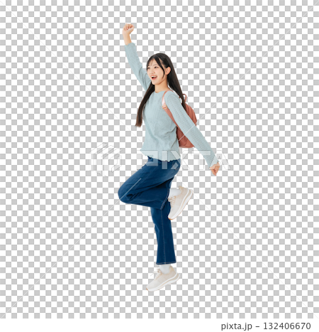 Jumping female student - Full-body photo PNG with transparent background, precisely cut out by hand 132406670