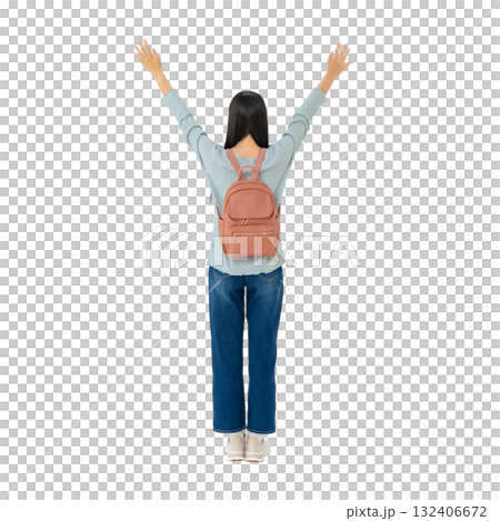 Back view of a female student raising her arms in celebration. Full-body photo PNG with transparent background, precisely cut out by hand. 132406672