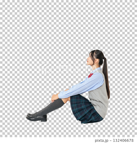 Sitting female student in uniform - Full-body photo PNG with transparent background, precisely cut out by hand 132406678