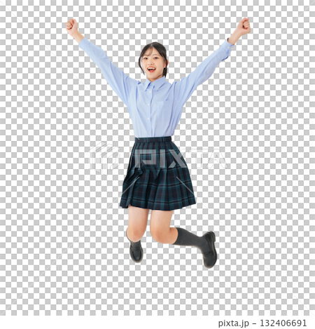 Jumping female student in uniform - Full-body photo PNG with transparent background, precisely cut out by hand Jumping female student in uniform - Full-body photo PNG with transparent background, precisely cut out by hand 132406691