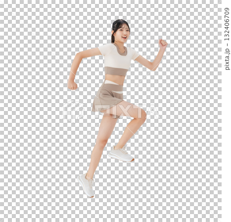 穿著運動服跳躍的女人 - 手工剪裁的透明全身 PNG 圖像 132406709