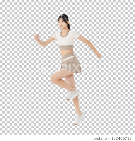ジャンプするスポーツウェアの女性　手作業で精密に切り抜いた背景透過全身写真PNG 132406713