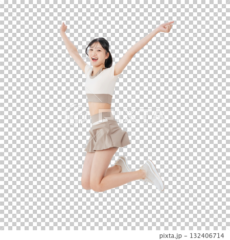 Woman in sportswear jumping - Full-body photo PNG with transparent background, precisely cut out by hand 132406714