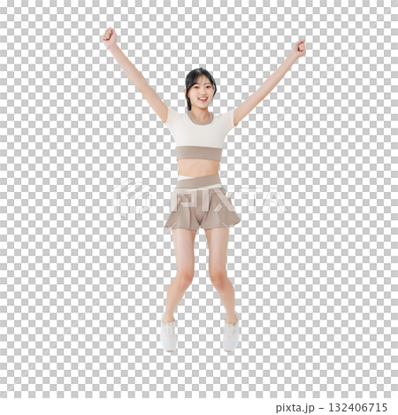 ジャンプするスポーツウェアの女性　手作業で精密に切り抜いた背景透過全身写真PNG 132406715