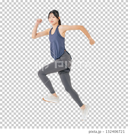 Woman in sportswear jumping - Full-body photo PNG with transparent background, precisely cut out by hand 132406721