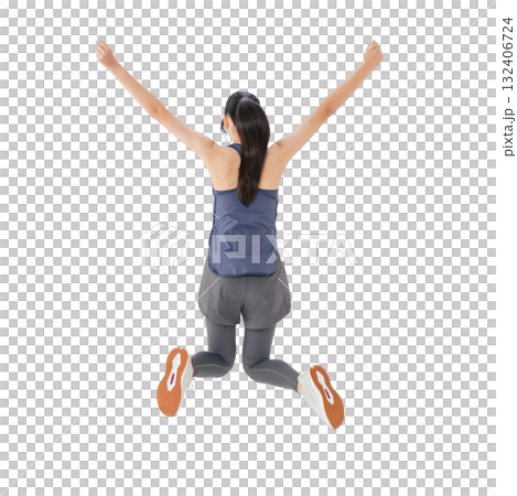 Back view of a woman in sportswear jumping. Full-body photo PNG with transparent background, precisely cut out by hand. 132406724