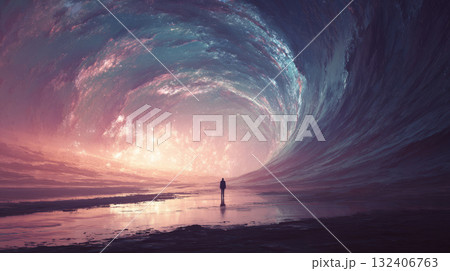 Person standing before cosmic swirling sky Person standing before cosmic swirling sky 132406763