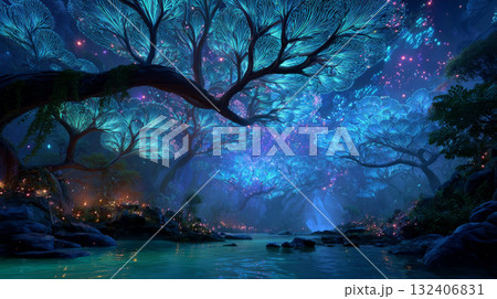 Bioluminescent alien forest glowing at nightfall 132406831