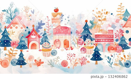 お菓子の街とツリーの12月イラスト お菓子の街とツリーの12月イラスト 132406862