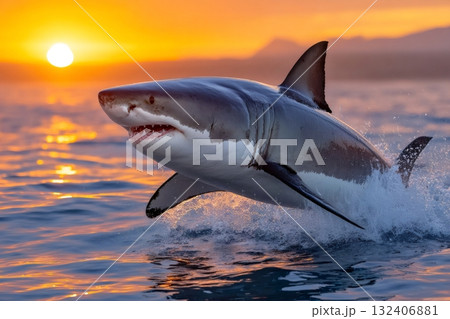 Great white shark jumping out of the water at sunset Great white shark jumping out of the water at sunset 132406881