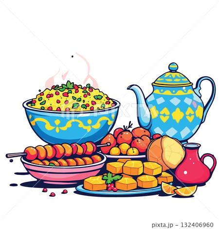 Vsai steaming hot couscous, skewers, and moroccan tea, a vibrant culinary scene Vsai steaming hot couscous, skewers, and moroccan tea, a vibrant culinary scene 132406960