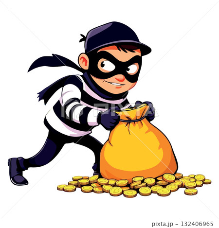 Vsai masked thief stealing gold coins filling loot bag Vsai masked thief stealing gold coins filling loot bag 132406965