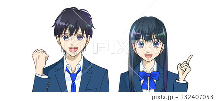 嬉しい、わかった、ひらめいた、明るい表情の高校生または中学生の男女のアニメ風イラスト、白バック 132407053