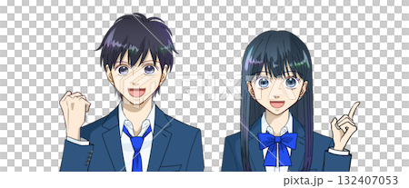 嬉しい、わかった、ひらめいた、明るい表情の高校生または中学生の男女のアニメ風イラスト、白バック 132407053