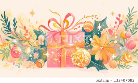 花とオーナメントが包むピンクギフト 132407092