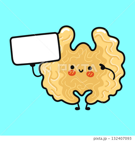 Cute smiling walnut character holding blank sign 132407093
