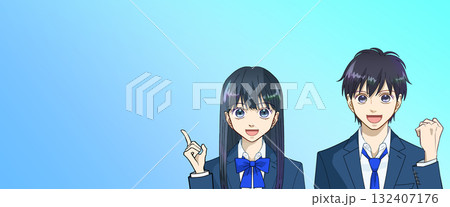 高校生または中学生の男女のアニメ風イラスト、グラデーション背景、コピースペースあり 高校生または中学生の男女のアニメ風イラスト、グラデーション背景、コピースペースあり 132407176