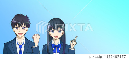 高校生または中学生の男女のアニメ風イラスト、グラデーション背景、コピースペースあり 高校生または中学生の男女のアニメ風イラスト、グラデーション背景、コピースペースあり 132407177