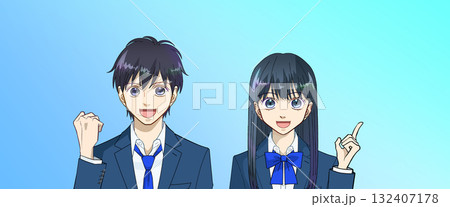 高校生または中学生の男女のアニメ風イラスト、グラデーション背景 高校生または中学生の男女のアニメ風イラスト、グラデーション背景 132407178