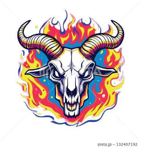 Vsai burning goat skull with big horns on fire background Vsai burning goat skull with big horns on fire background 132407192