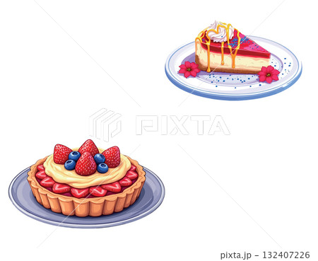 Berry cheesecake and fruit tart dessert illustration 132407226