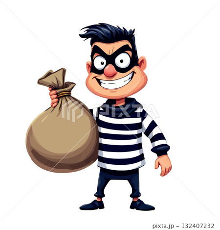 Cartoon thief character stealing money bag smiling 132407232