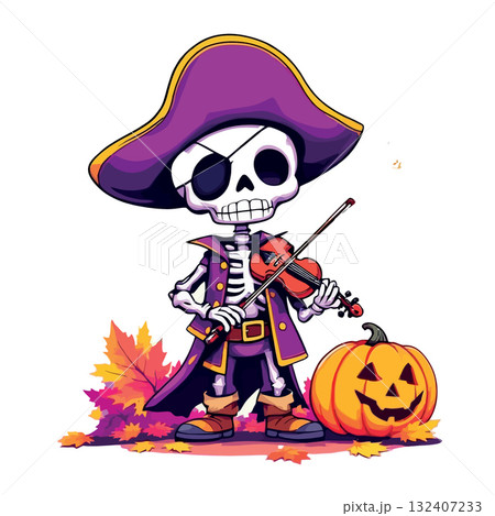 Halloween pirate skeleton playing violin with pumpkin 132407233
