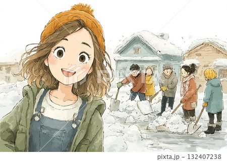 美優シリーズ:美優が地域の人々と一緒に雪かきをしているシーン 美優シリーズ:美優が地域の人々と一緒に雪かきをしているシーン 132407238