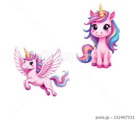 Vsai two pink cartoon unicorns, one flying and one sitting 132407331