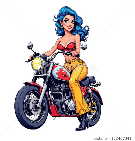 Vsai sexy biker girl riding powerful red motorcycle illustration 132407341