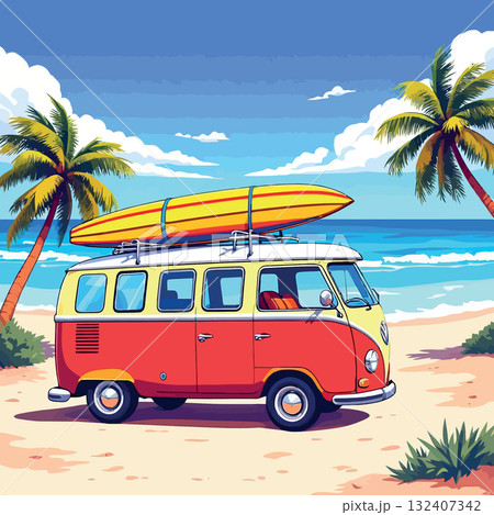 Vsai vintage van carrying surfboard on tropical beach embodies summer vacation 132407342