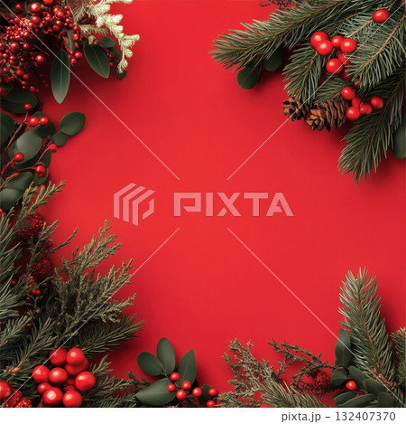 Christmas theme background on square template with copy space for text in red and green color tones. Christmas theme background on square template with copy space for text in red and green color tones. 132407370