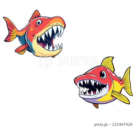 Vsai two cartoon piranhas showing teeth aggressively while swimming Vsai two cartoon piranhas showing teeth aggressively while swimming 132407426