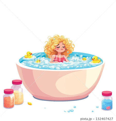 Vsai girl relaxing in bubble bath with rubber ducks and bath salts 132407427